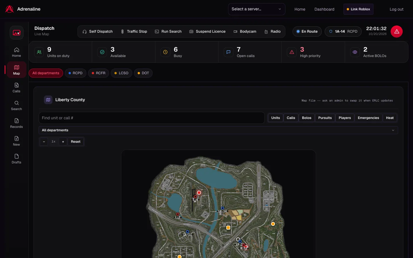 The CAD live map with players and units from ER:LC