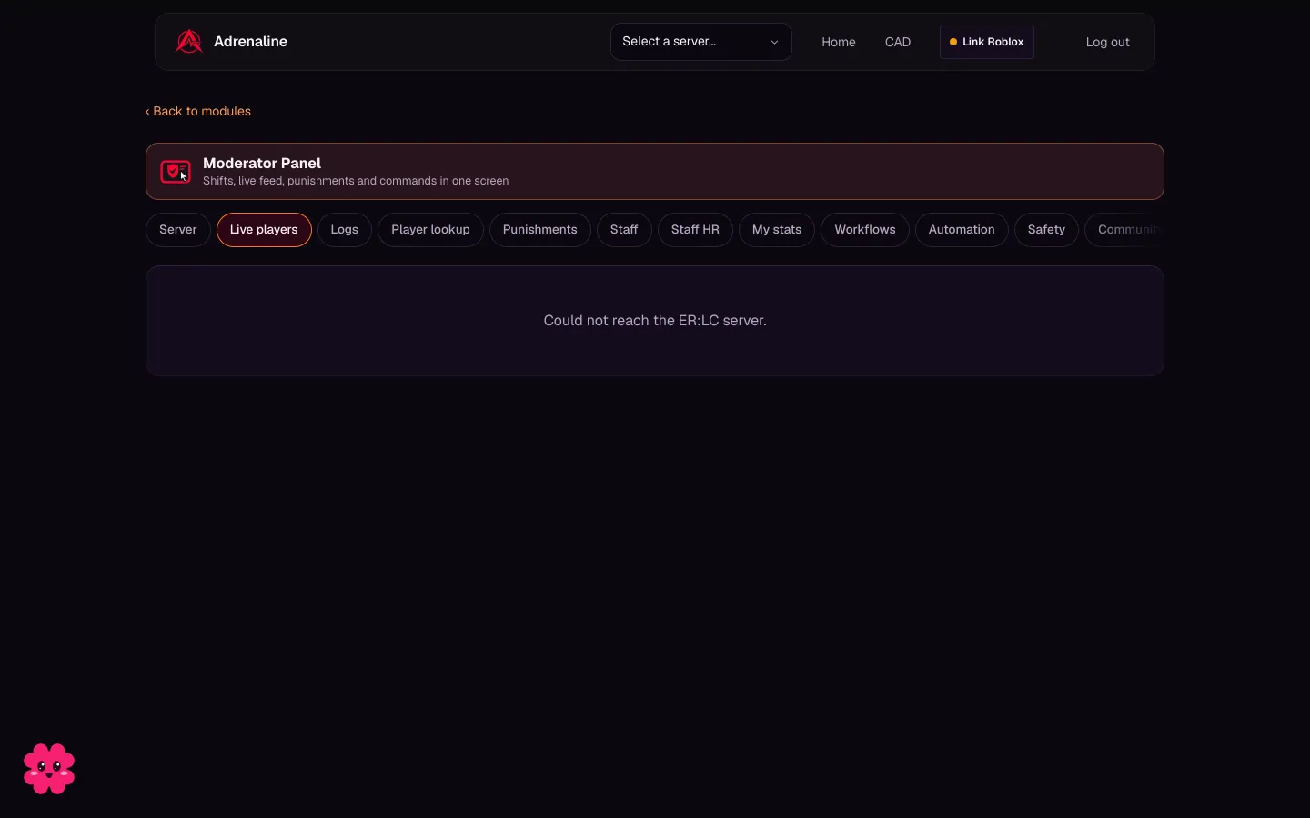 The ER:LC moderation panel in the dashboard